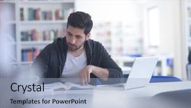  Presentation with library research - Theme consisting of work study - student preparing exam and learning background and a light blue colored foreground