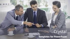  Presentation with team meeting - Audience pleasing theme consisting of work team having a meeting together in bright office backdrop and a gray colored foreground