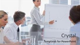  Presentation with whiteboard - PPT theme featuring work team progress - businesswoman showing a chart background and a light blue colored foreground