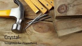  Presentation with wood tools - Beautiful theme featuring work tools hammer nails and folding ruler on wood backdrop and a coral colored foreground