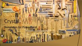  Presentation with workshop tools - Audience pleasing slide deck consisting of work tools hanging on wall backdrop and a gold colored foreground