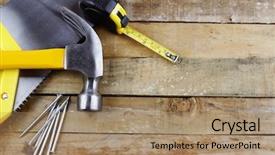  Presentation with tools - Beautiful PPT theme featuring work tools on wooden deck backdrop and a  colored foreground