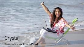  Presentation with laptop - Amazing PPT theme having work vacation - excited woman using laptop backdrop and a  colored foreground