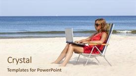  Presentation with laptop - Slide set enhanced with work vacation - woman is sitting with laptop background and a  colored foreground