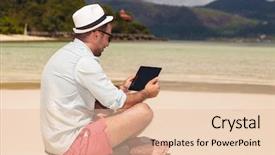  Presentation with beach - Presentation theme enhanced with work vacation - young casual man sitting background and a lemonade colored foreground