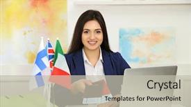  Presentation with young - Colorful presentation theme enhanced with work visa - young woman showing passports backdrop and a  colored foreground