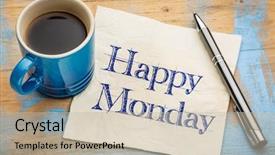  Presentation with cup coffee - Slides having work wishes - happy monday - cheerful handwriting background and a mint green colored foreground