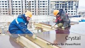  Presentation with construction work - Audience pleasing presentation consisting of work workers carpenters preparing construction backdrop and a soft green colored foreground