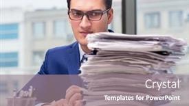  Presentation with overworked - PPT layouts consisting of workaholic businessman overworked with too much work in office background and a gray colored foreground