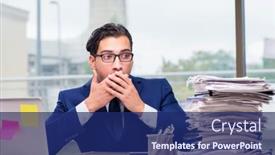  Presentation with overworked - Cool new PPT theme with workaholic-businessman-overworked backdrop and a navy blue colored foreground