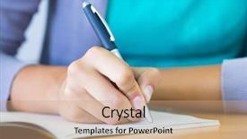  Presentation with student writing - Audience pleasing PPT theme consisting of workbook - close-up of writing hands backdrop and a coral colored foreground