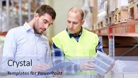  Presentation with fire disaster in a warehouse - Presentation design enhanced with worker and businessmen with clipboard at warehouse background and a light blue colored foreground