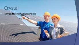  Presentation with solar power plant - Audience pleasing slide deck consisting of worker-and-investor-in-solar backdrop and a light blue colored foreground