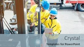  Presentation with forklift - Amazing theme having worker-and-manager-at-distribution backdrop and a light blue colored foreground