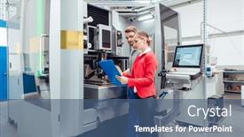  Presentation with machine - Presentation theme enhanced with worker-and-manager-discussing-production background and a ocean colored foreground