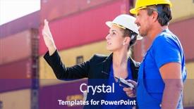  Presentation with shipping container - PPT theme featuring worker and manager discussing shipment background and a navy blue colored foreground