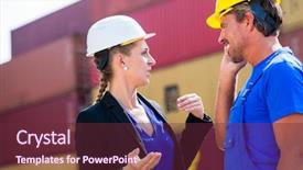  Presentation with shipping container - PPT theme having worker and manager discussing shipment background and a tawny brown colored foreground