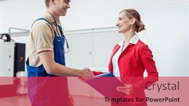  Presentation with factory - Amazing theme having worker-and-manager-doing-handshake backdrop and a red colored foreground