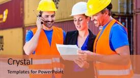  Presentation with walkie talkie - Beautiful presentation theme featuring worker and manager of shipment backdrop and a coral colored foreground