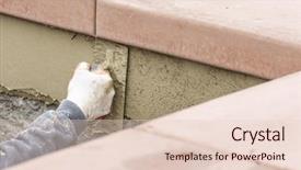  Presentation with safety construction worker in construction - Presentation design having worker applying cement with trowel background and a lemonade colored foreground