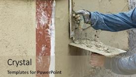  Presentation with construction site construction - Presentation theme featuring worker applying cement with trowel background and a coral colored foreground