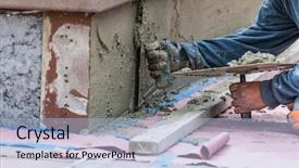  Presentation with energy consumption in cement industry - Beautiful presentation design featuring worker applying cement with trowel backdrop and a  colored foreground