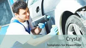  Presentation with mechanic shop - PPT theme having worker applying washing car body background and a mint green colored foreground