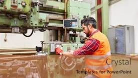  Presentation with drilling machine - Presentation design having worker-as-a-machinist-operates background and a coral colored foreground