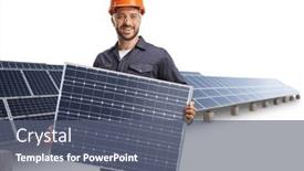  Presentation with solar farm - Presentation theme featuring worker-at-a-solar-farm background and a gray colored foreground
