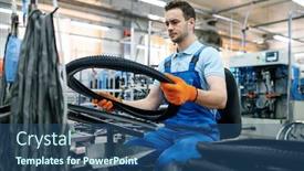 Presentation with tire - Audience pleasing slide set consisting of worker-at-the-assemly-line backdrop and a ocean colored foreground