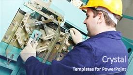  Presentation with work - Amazing PPT theme having worker at work adjusting elevator backdrop and a ocean colored foreground