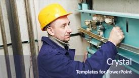  Presentation with elevator - PPT theme having worker at work adjusting elevator background and a ocean colored foreground