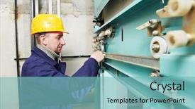  Presentation with elevator - Colorful slides enhanced with worker at work adjusting elevator backdrop and a seafoam green colored foreground