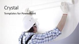  Presentation with worker - Cool new PPT layouts with worker attaching wallpaper to wall backdrop and a white colored foreground