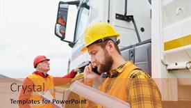  Presentation with road construction - PPT theme having worker-calls-with-the-smartphone background and a gold colored foreground