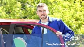  Presentation with car cleaning - Amazing slides having worker cleaning car window prior to applying tinting foil backdrop and a ocean colored foreground