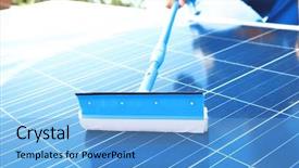  Presentation with solar panels - Presentation theme with worker cleaning solar panels background and a light blue colored foreground