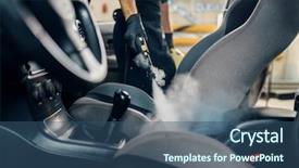  Presentation with steam - Presentation enhanced with worker cleans seats with steam background and a ocean colored foreground