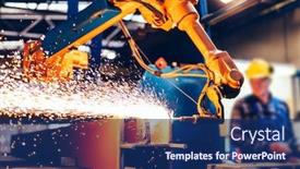  Presentation with learning technology - Audience pleasing presentation theme consisting of worker-controls-robotic-arm backdrop and a navy blue colored foreground