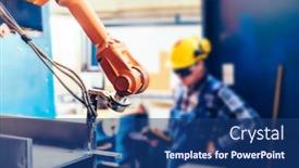  Presentation with controls - Amazing PPT layouts having worker-controls-robotic-arm backdrop and a ocean colored foreground