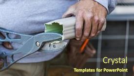  Presentation with gutter - Presentation with worker-cutting-aluminum-rain-gutter background and a tawny brown colored foreground