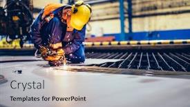  Presentation with heavy metal - Amazing PPT theme having worker-cutting-metal-steel backdrop and a light gray colored foreground