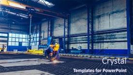 Presentation with shipyard - Slides featuring worker-cutting-metal-steel background and a ocean colored foreground