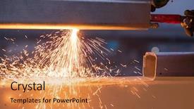  Presentation with steel pipe - Slide deck enhanced with worker cutting steel pipe using background and a coral colored foreground