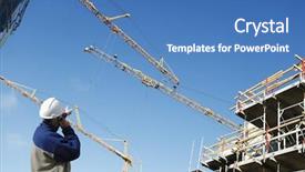  Presentation with construction cranes - Presentation design with worker directing large construction crane background and a  colored foreground