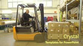  Presentation with warehouse - PPT theme having worker-driving-fork-lifter background and a tawny brown colored foreground