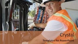  Presentation with safety driving - Amazing PPT theme having worker driving forklift at workplace backdrop and a coral colored foreground