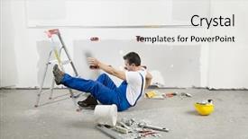  Presentation with safety construction worker in construction - Cool new slide deck with worker falling down the ladder backdrop and a white colored foreground