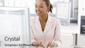  Presentation with office - Beautiful PPT theme featuring worker girl sitting at desk backdrop and a soft green colored foreground