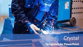  Presentation with worker - Presentation design having worker-grinding-a-metal-plate background and a teal colored foreground